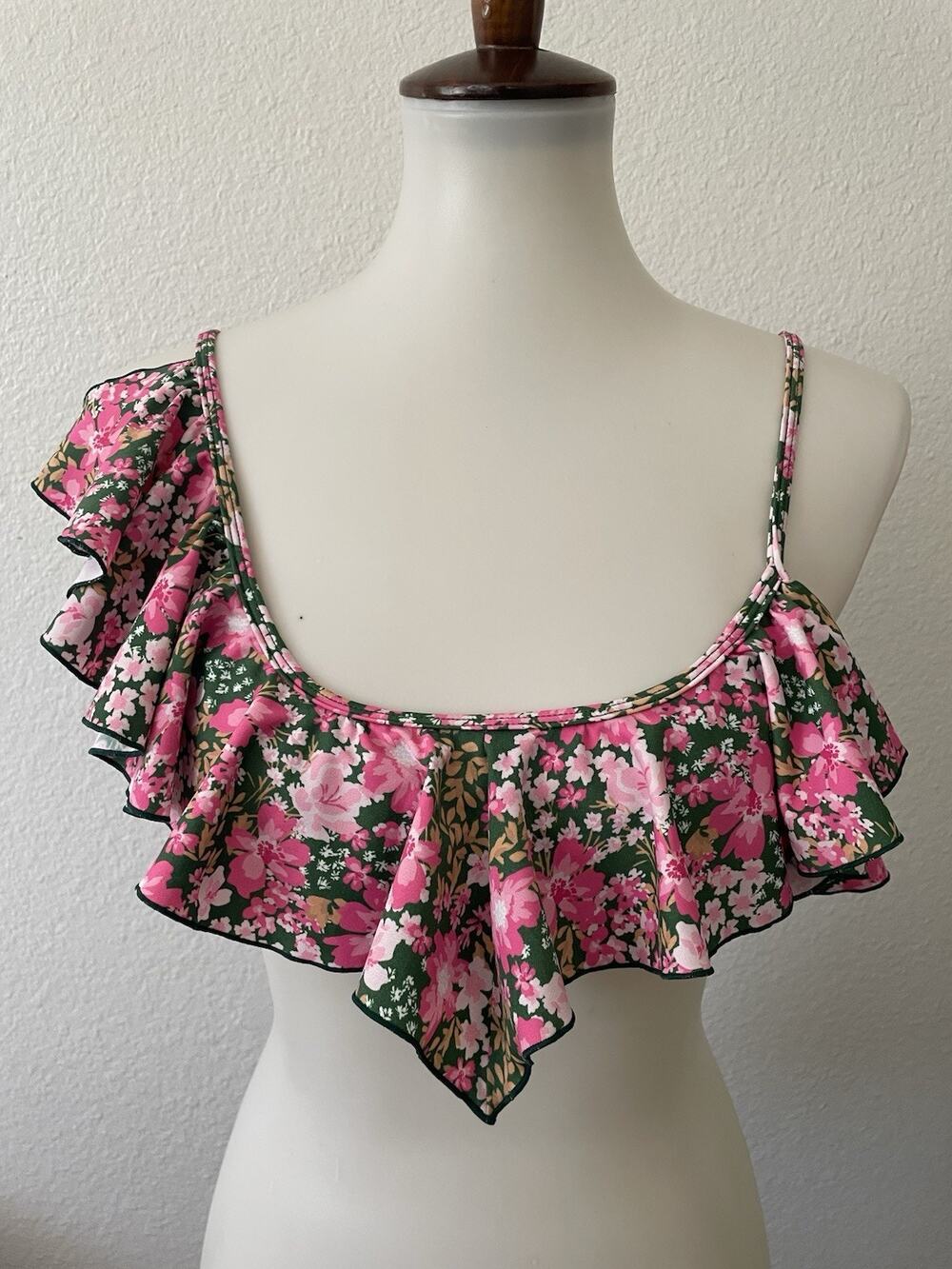 Aila Blue Swim Bikini Top Ruffled Asymmetric Beach Summer Floral Azalea